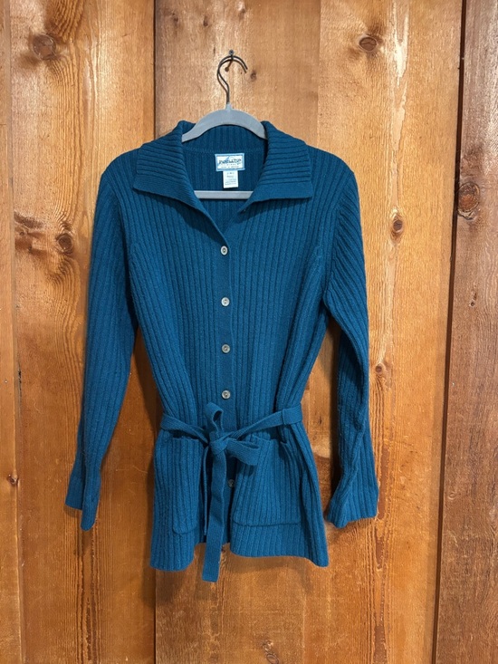 Pendleton Sweaters - Pendleton 100% Lambswool Belted Cardigan Sweater S Teal Blue Ribbed Knit Pocket
